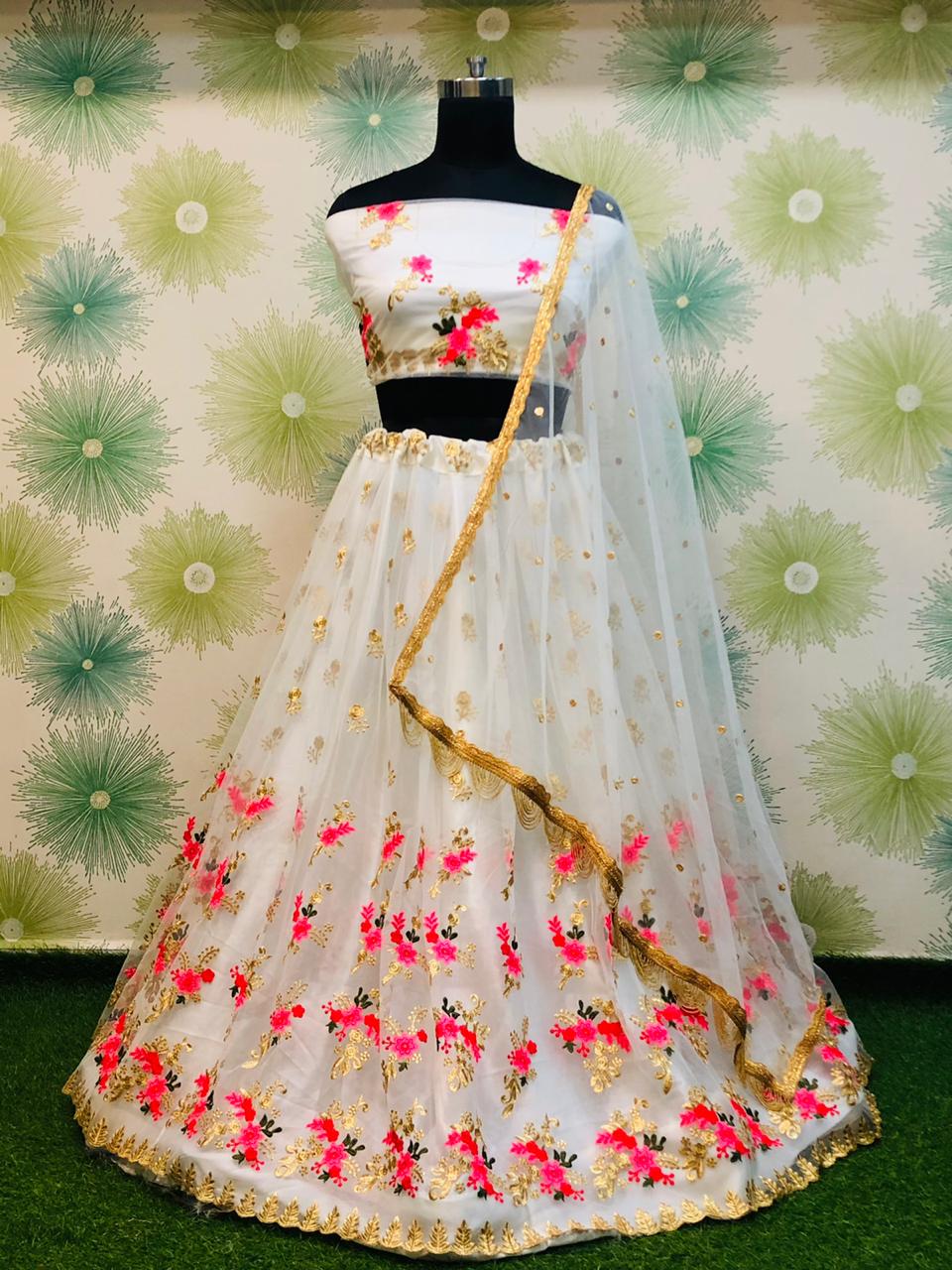 White Royal Heavy Net Embroidered Lehenga Set – Zari & Thread Work ClothsVilla