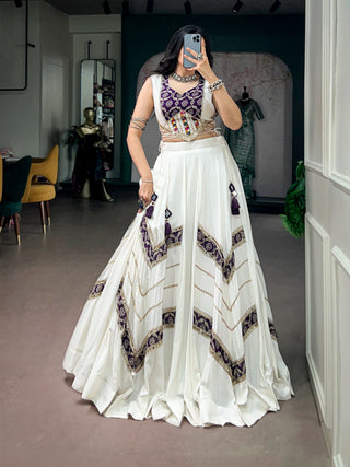 White Royal Rayon Mirror Work Lehenga Set ClothsVilla
