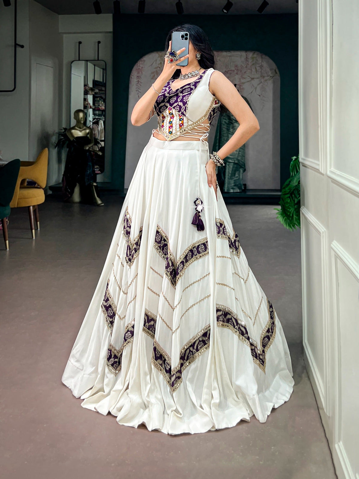 White Royal Rayon Mirror Work Lehenga Set ClothsVilla