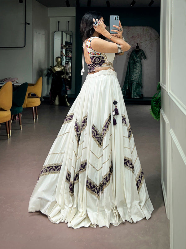 White Royal Rayon Mirror Work Lehenga Set ClothsVilla