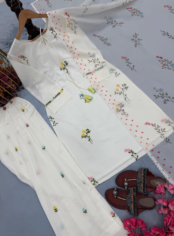 White Satin Chanderi Farshi Plazzo Set ClothsVilla