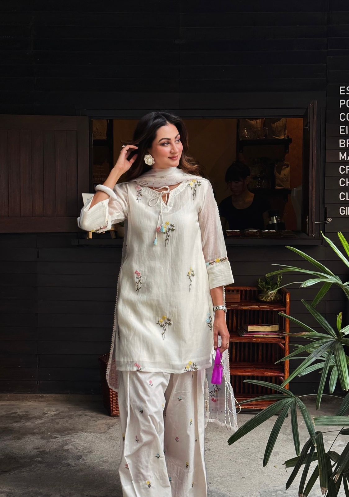 White Satin Chanderi Farshi Plazzo Set ClothsVilla