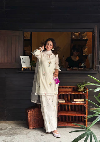 White Satin Chanderi Farshi Plazzo Set ClothsVilla
