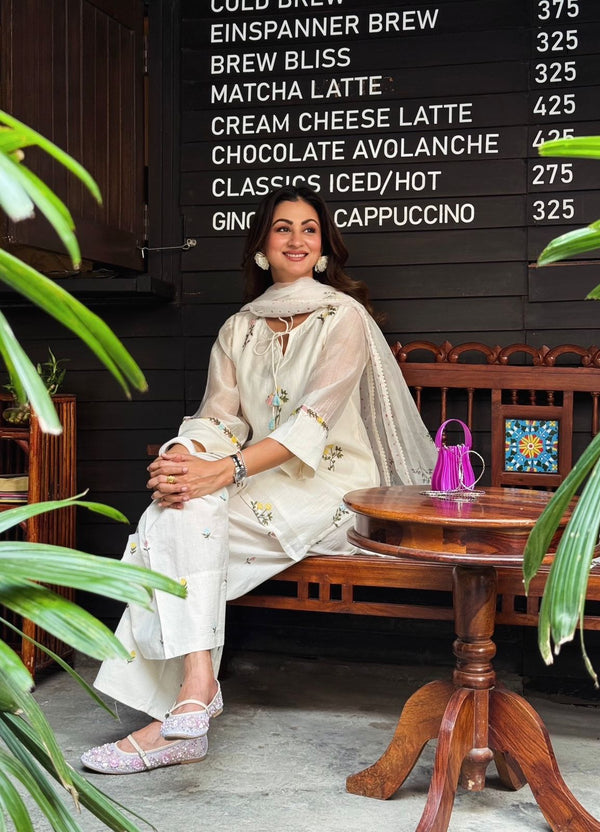 White Satin Chanderi Farshi Plazzo Set ClothsVilla