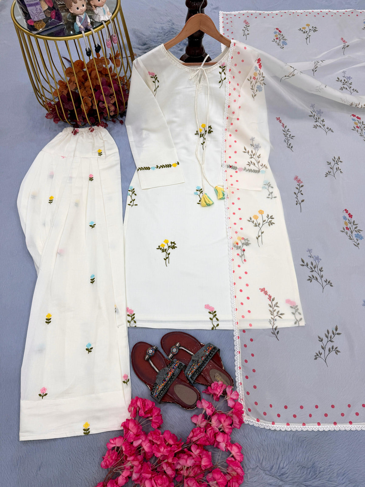 White Satin Chanderi Farshi Plazzo Set ClothsVilla