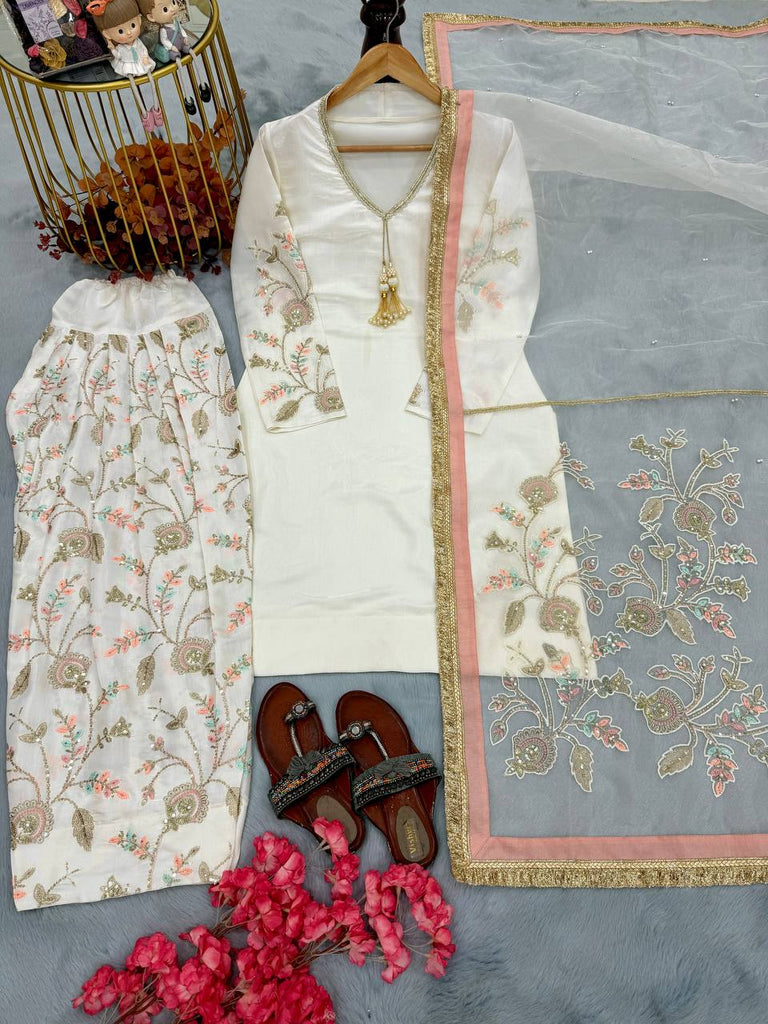 White Satin Embroidered Farshi Suit ClothsVilla