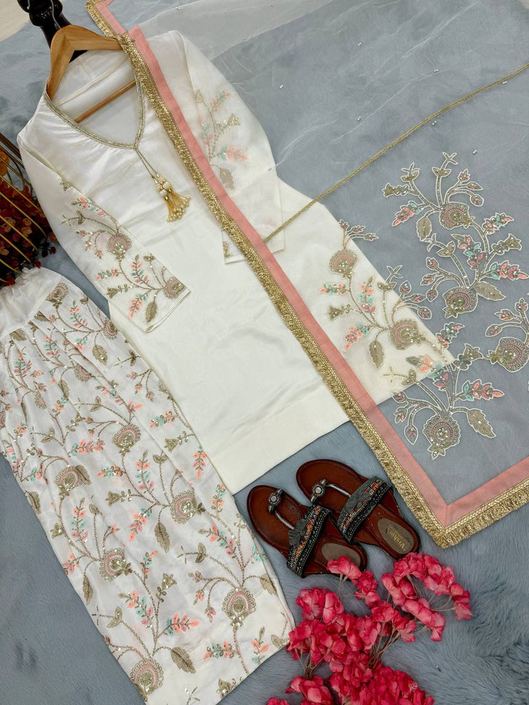 White Satin Embroidered Farshi Suit ClothsVilla