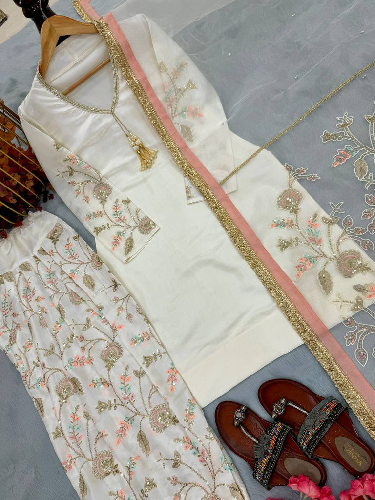 White Satin Embroidered Farshi Suit ClothsVilla