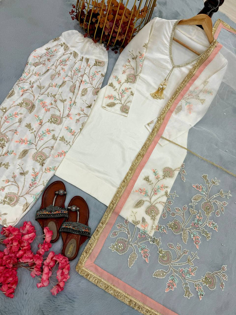 White Satin Embroidered Farshi Suit ClothsVilla
