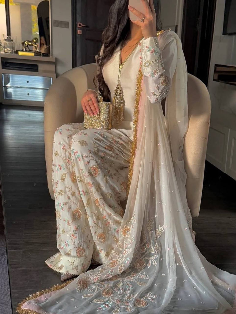 White Satin Embroidered Farshi Suit ClothsVilla