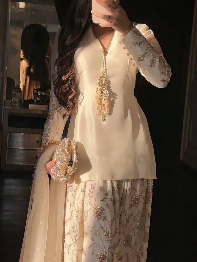 White Satin Embroidered Farshi Suit ClothsVilla