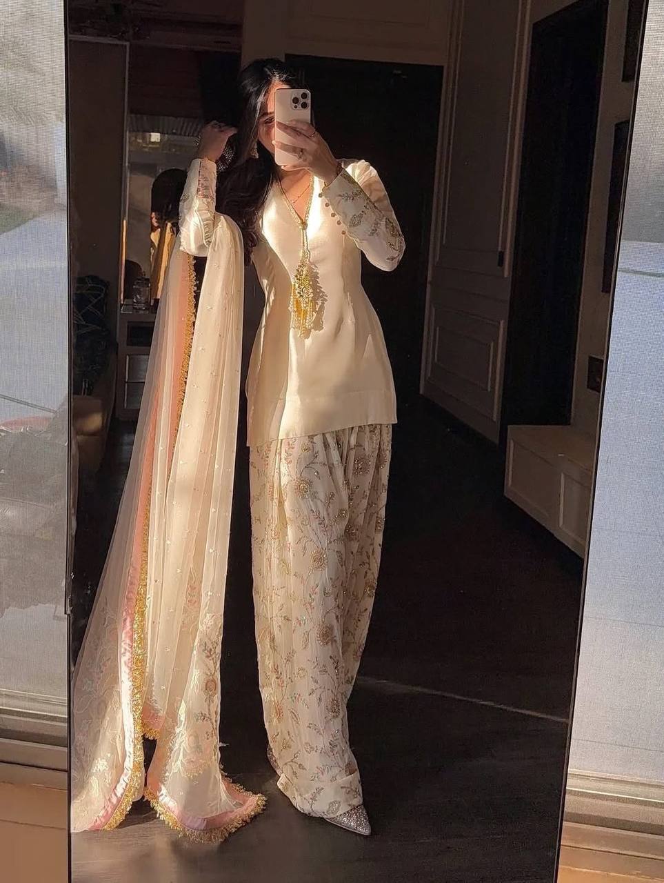 White Satin Embroidered Farshi Suit ClothsVilla