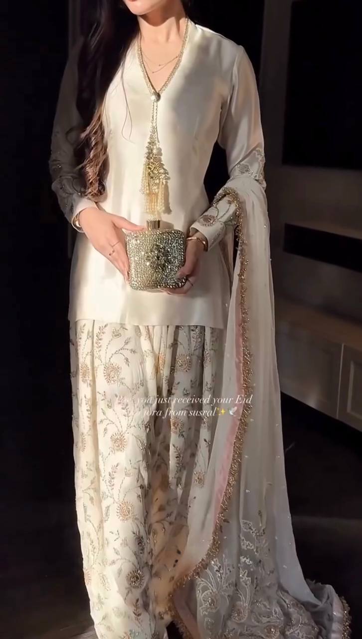 White Satin Embroidered Farshi Suit ClothsVilla