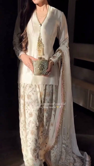 White Satin Embroidered Farshi Suit ClothsVilla