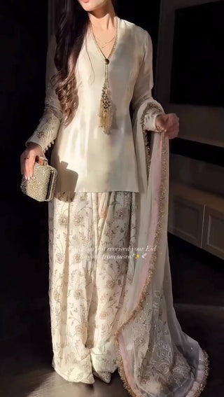 White Satin Embroidered Farshi Suit ClothsVilla