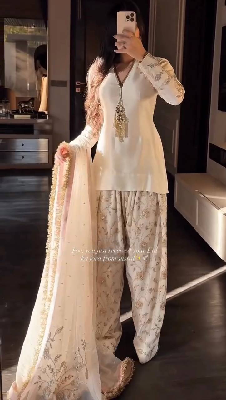 White Satin Embroidered Farshi Suit ClothsVilla Main image