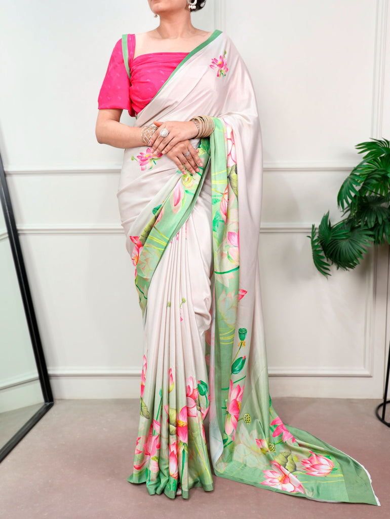 White Satin Silk Printed Saree ClothsVilla