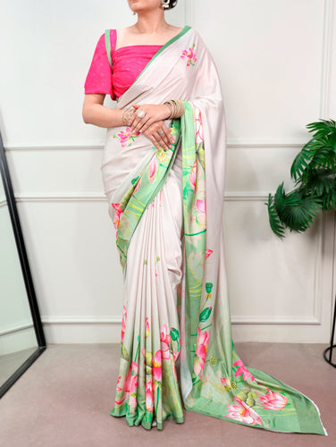 White Satin Silk Printed Saree ClothsVilla