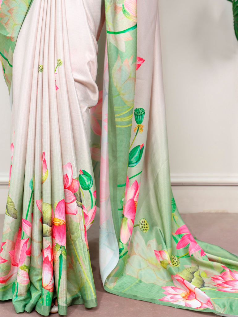 White Satin Silk Printed Saree ClothsVilla