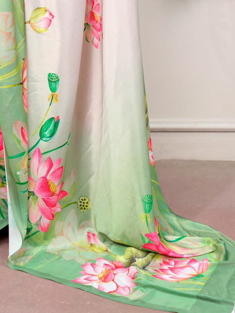 White Satin Silk Printed Saree ClothsVilla