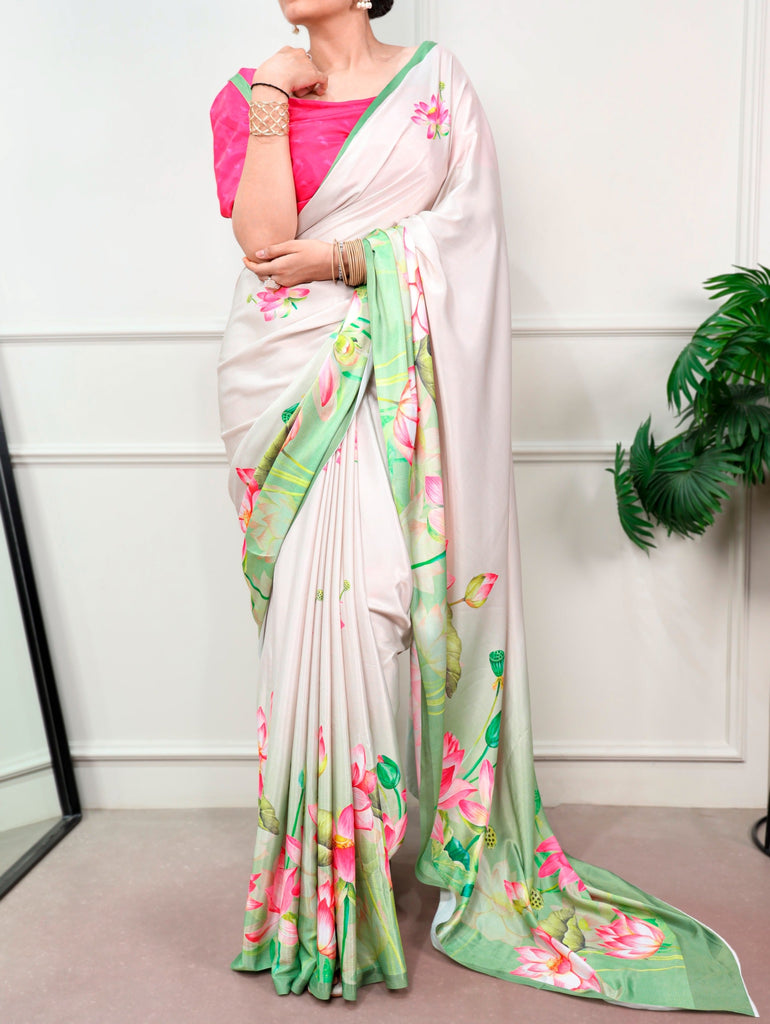 White Satin Silk Printed Saree ClothsVilla