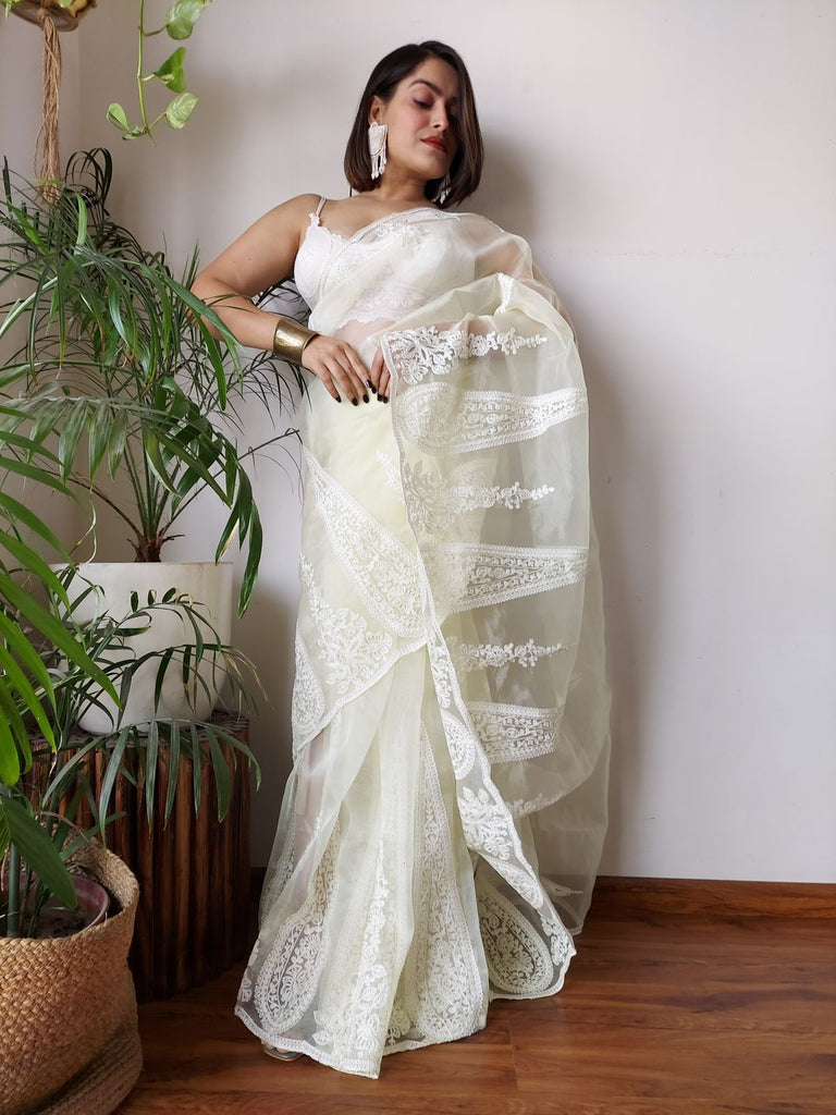 White Semi-Pure Organza Saree with Exquisite Lucknowi Work & Matching Blouse ClothsVilla