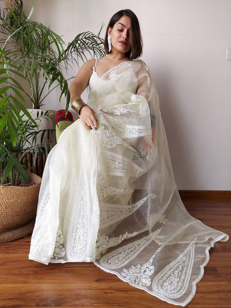 White Semi-Pure Organza Saree with Exquisite Lucknowi Work & Matching Blouse ClothsVilla