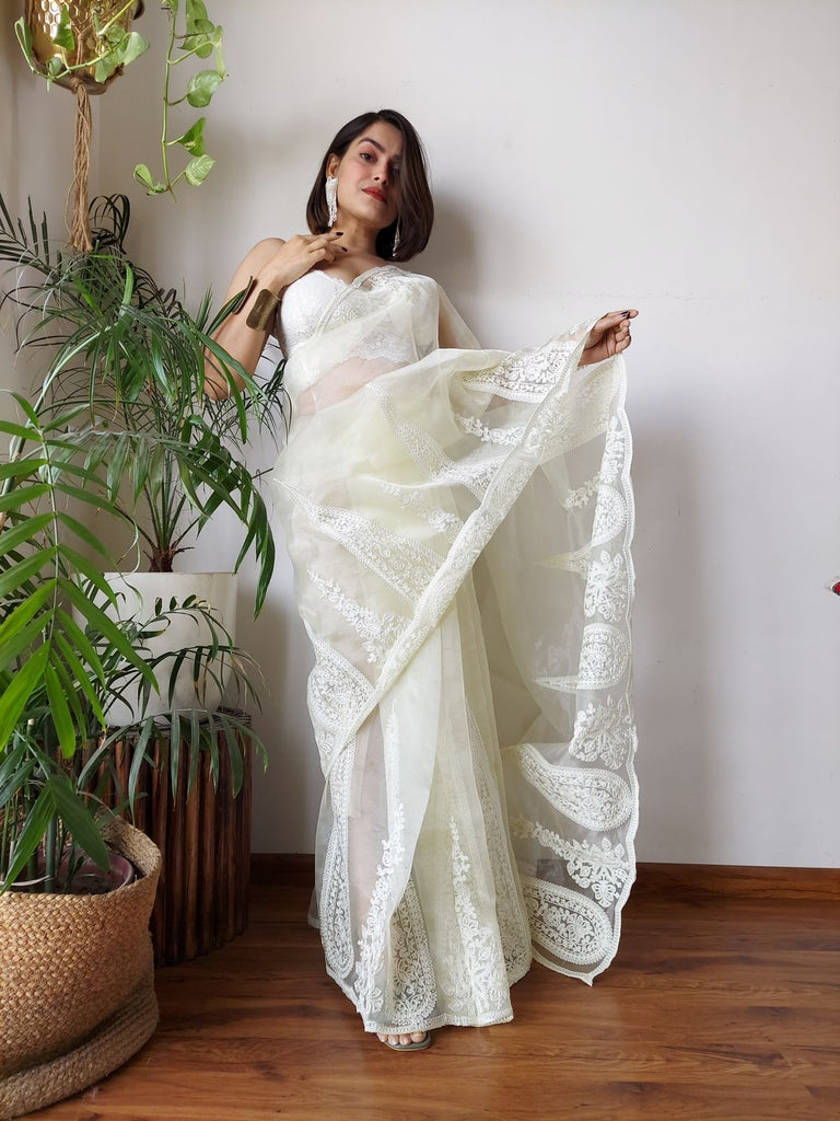 White Semi-Pure Organza Saree with Exquisite Lucknowi Work & Matching Blouse ClothsVilla