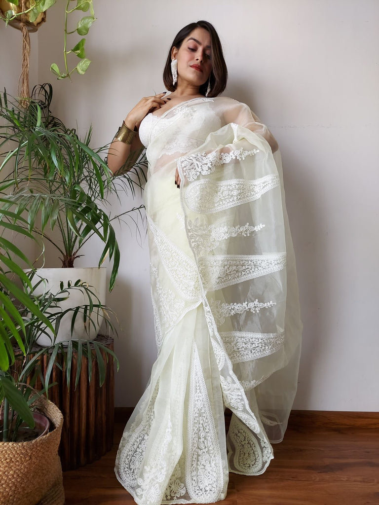 White Semi-Pure Organza Saree with Exquisite Lucknowi Work & Matching Blouse ClothsVilla