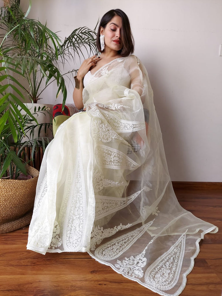 White Semi-Pure Organza Saree with Exquisite Lucknowi Work & Matching Blouse ClothsVilla