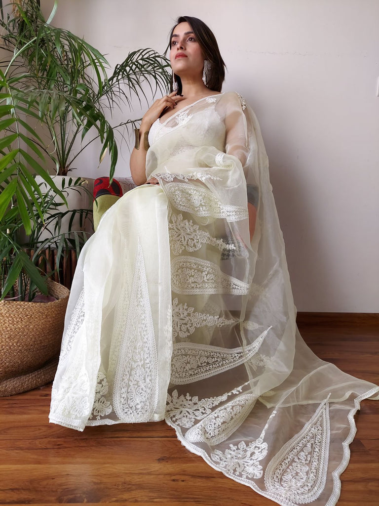 White Semi-Pure Organza Saree with Exquisite Lucknowi Work & Matching Blouse ClothsVilla