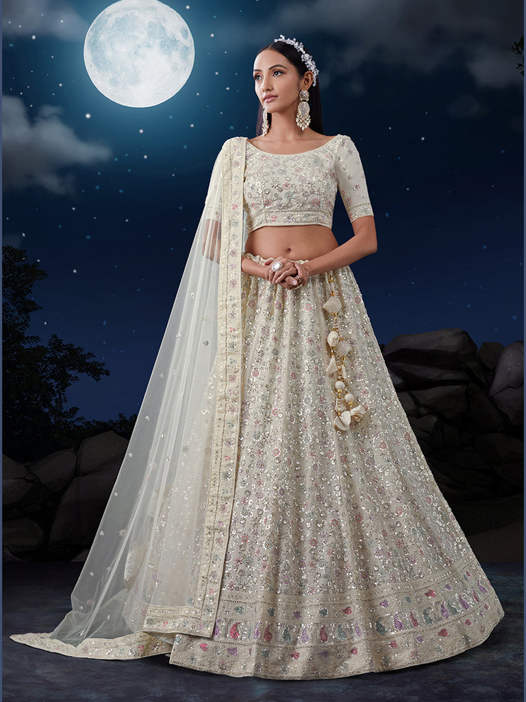 White Sequenced Georgette Lehenga Set with Dupatta ClothsVilla