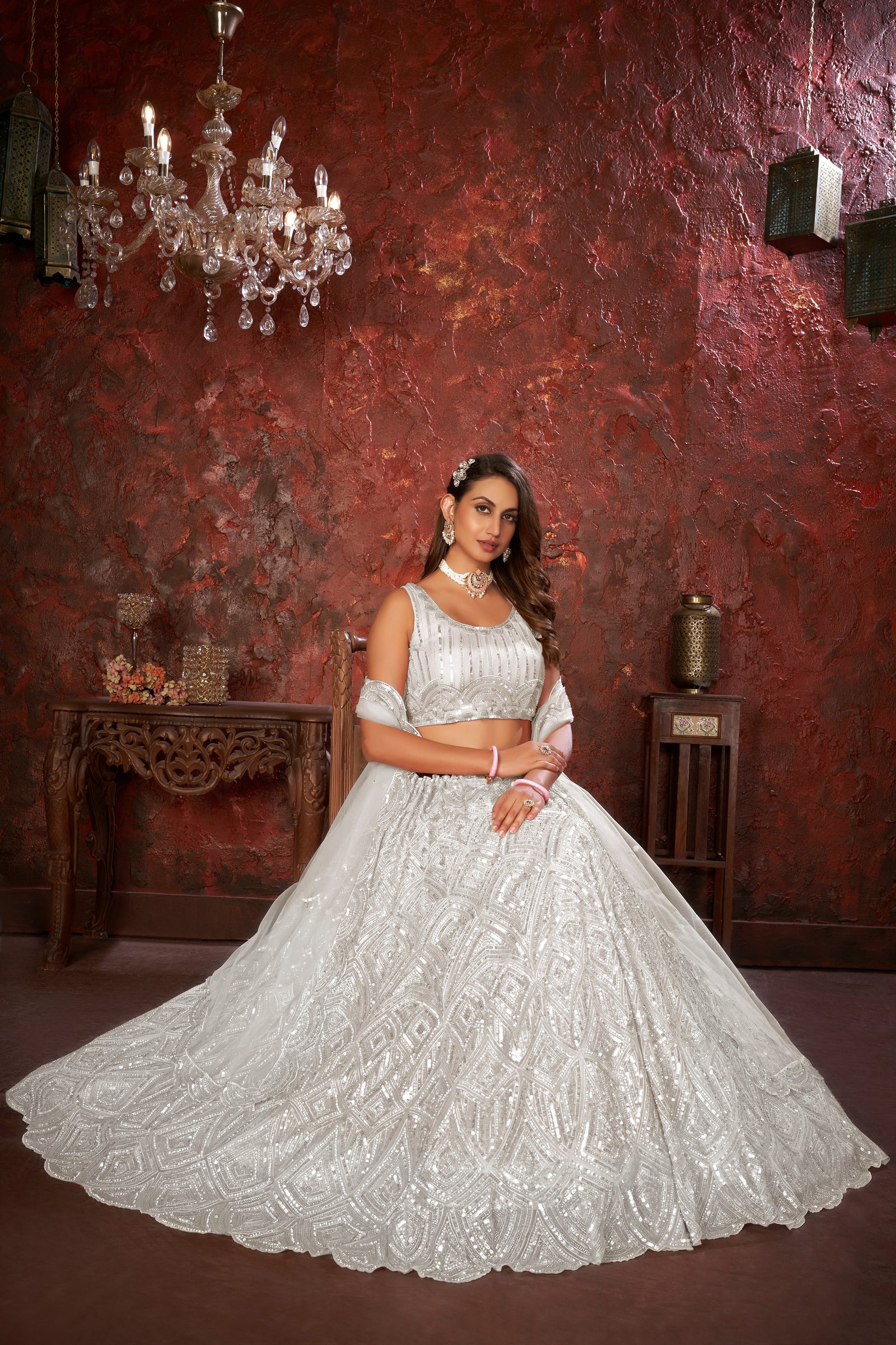 White Sequin Embroidered Lehenga Choli Set - Regal Elegance - Designer Wear ClothsVilla