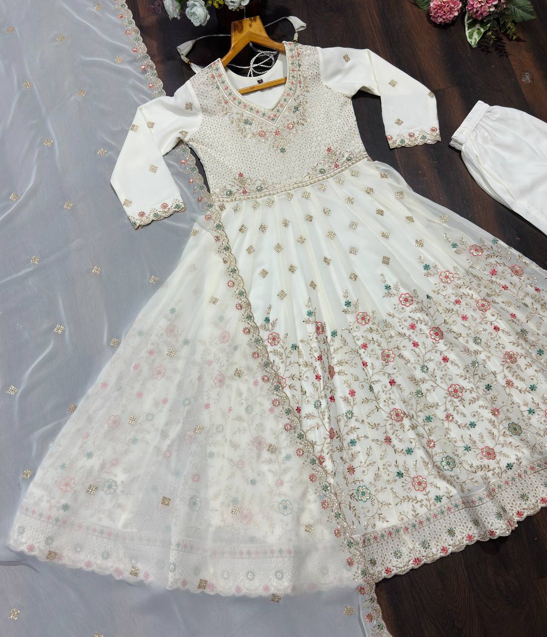 White Sequins & Embroidered gown set ClothsVilla