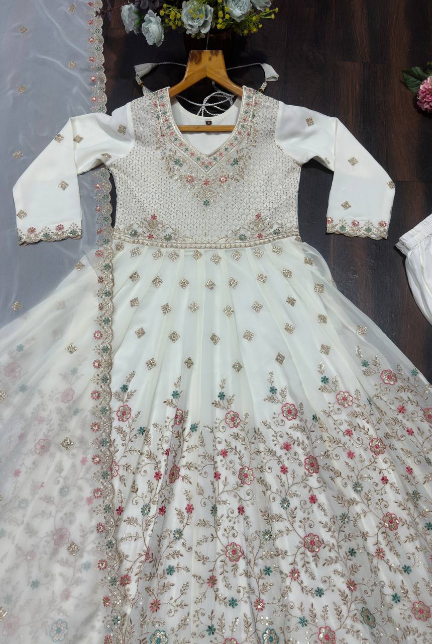 White Sequins & Embroidered gown set ClothsVilla