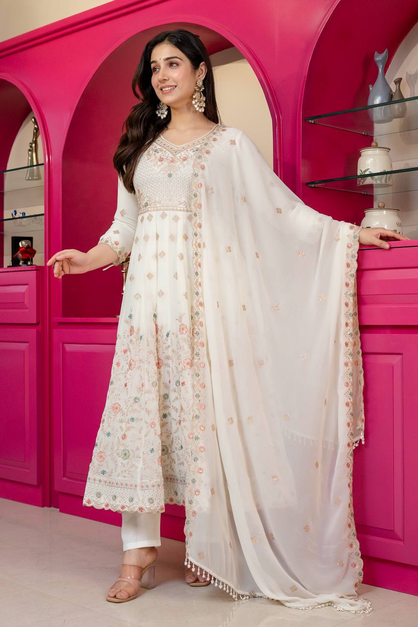 White Sequins & Embroidered gown set ClothsVilla