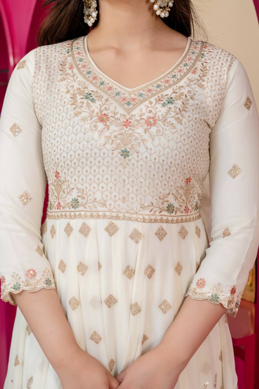 White Sequins & Embroidered gown set ClothsVilla