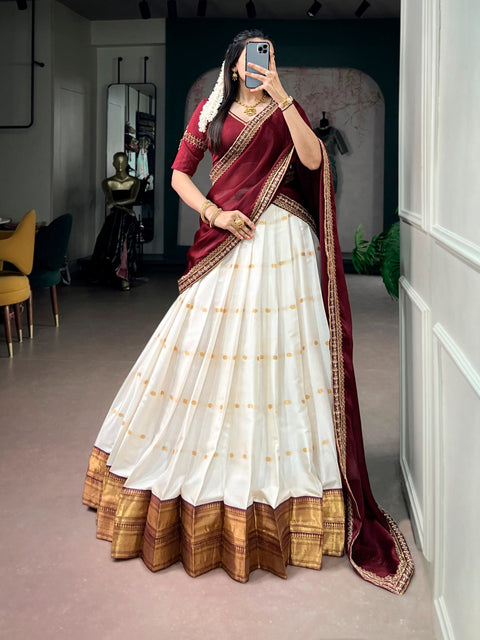 White Silk Cotton Lehenga Set ClothsVilla Main image