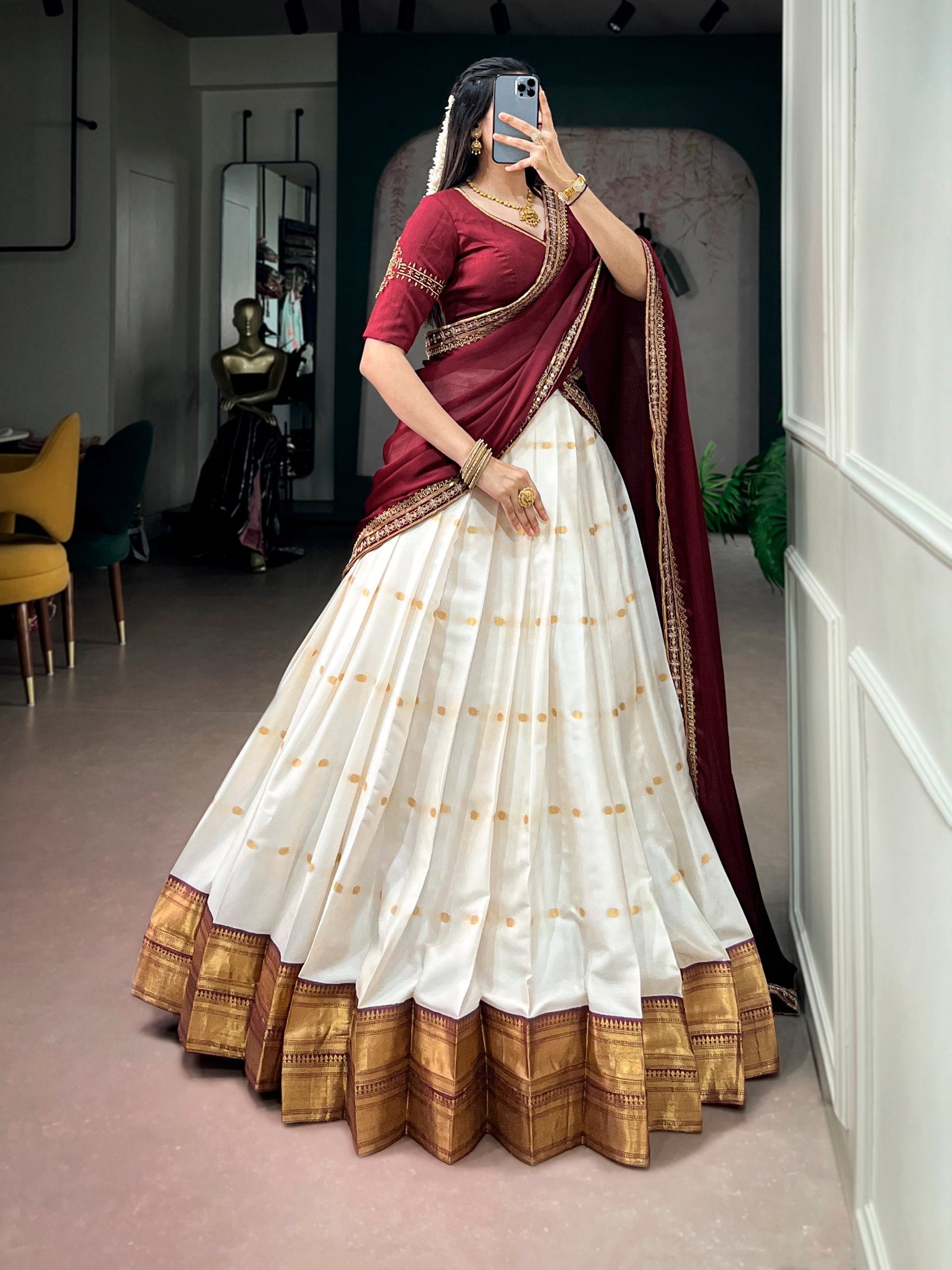 White Silk Cotton Lehenga Set ClothsVilla