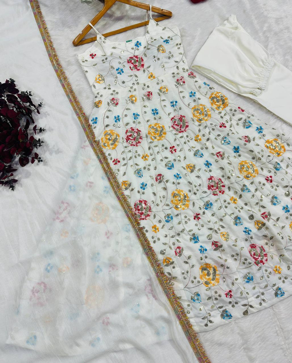 White Silk Embroidered Gown Set ClothsVilla