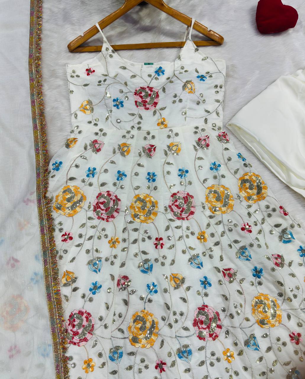 White Silk Embroidered Gown Set ClothsVilla