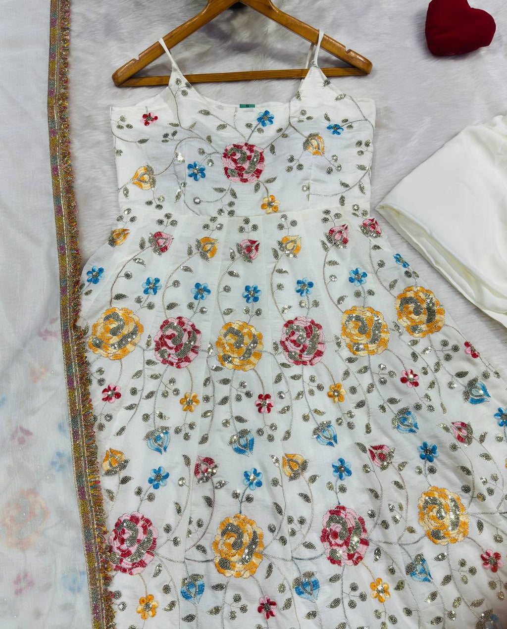 White Silk Embroidered Gown Set ClothsVilla