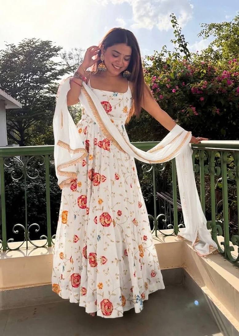 White Silk Embroidered Gown Set ClothsVilla
