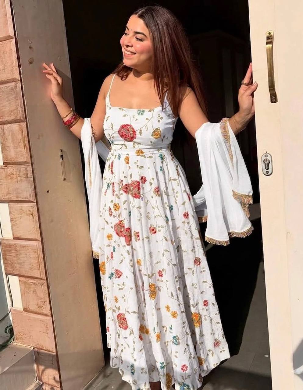 White Silk Embroidered Gown Set ClothsVilla