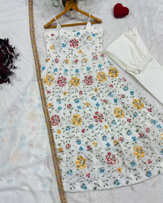 White Silk Embroidered Gown Set ClothsVilla