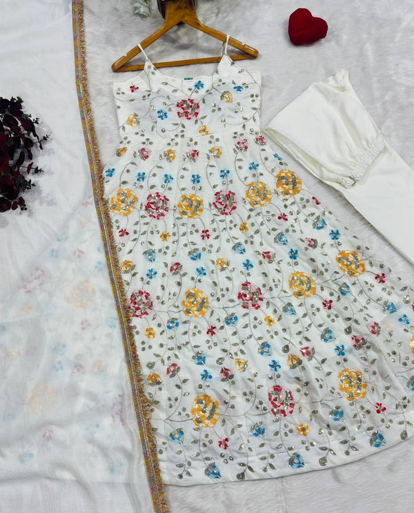 White Silk Embroidered Gown Set ClothsVilla