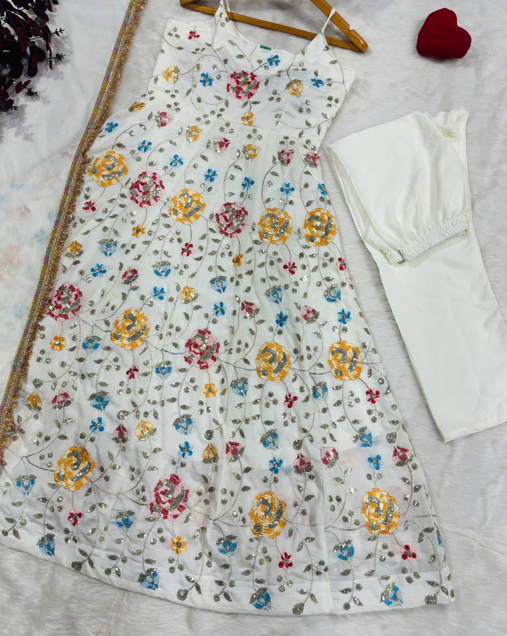 White Silk Embroidered Gown Set ClothsVilla