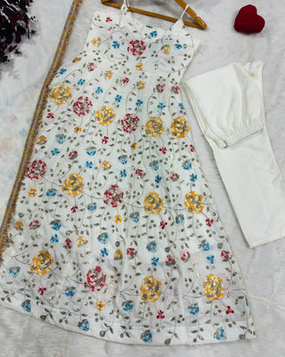 White Silk Embroidered Gown Set ClothsVilla
