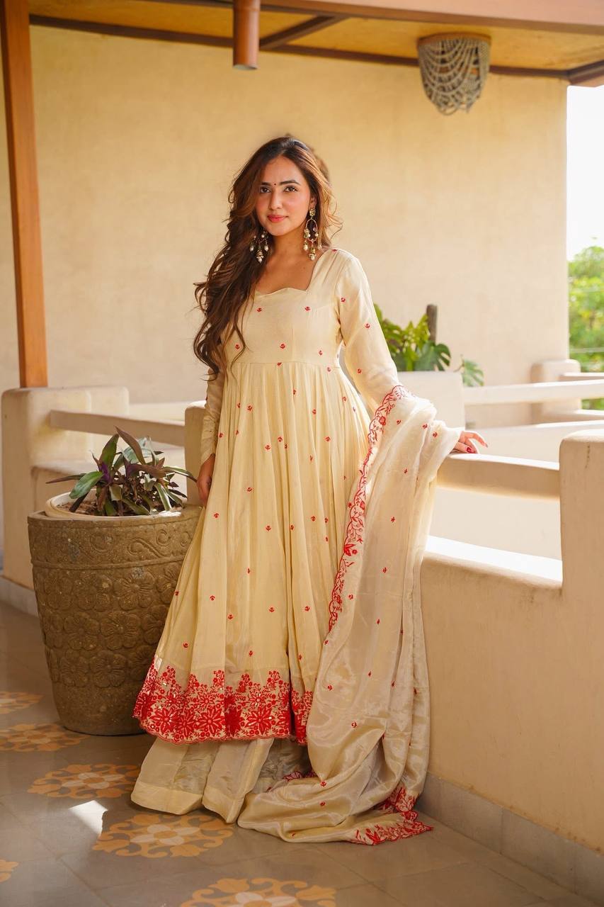 White Silk Festive Gown Sharara Set ClothsVilla