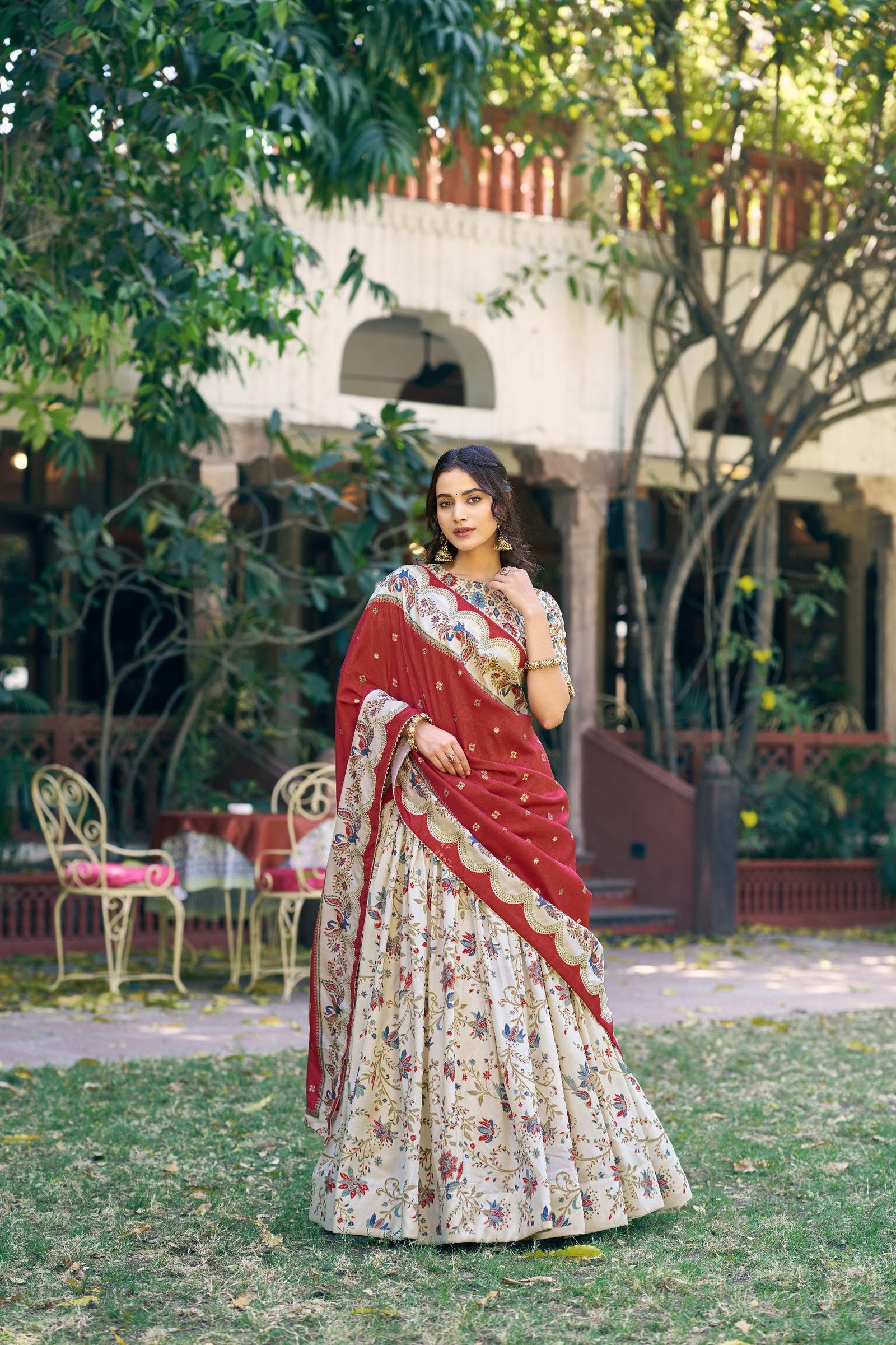 White Silk Foil Print Lehenga Set Clothsvilla